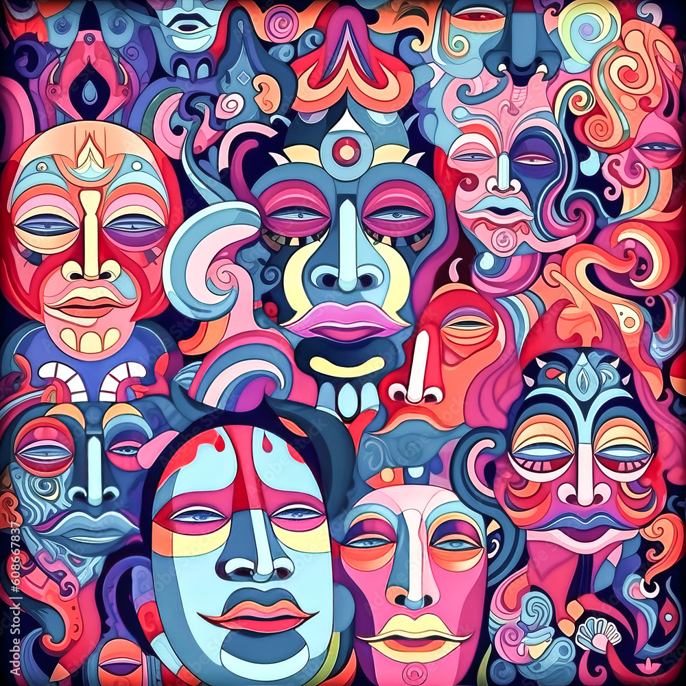 Poster a colorful array of abstract faces come together to create a vibrant pattern - generative ai