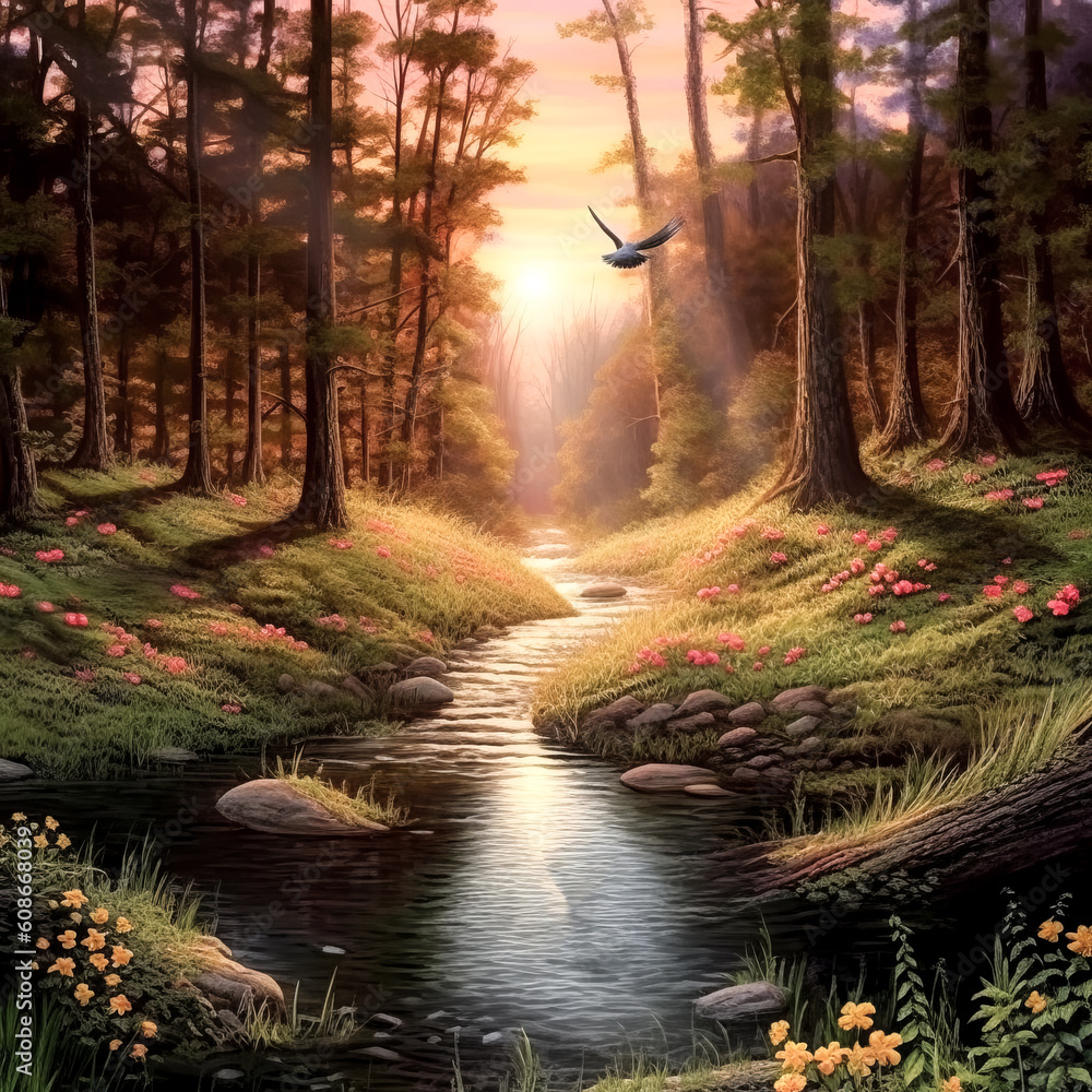 Poster a mesmerizing stream flows through a lush forest of vibrant green foliage - generative ai