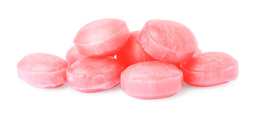 Many pink cough drops on white background