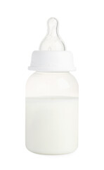 One feeding bottle with infant formula on white background