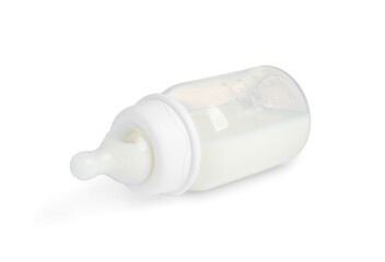 One feeding bottle with infant formula on white background