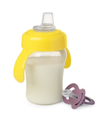 Feeding bottle with milk and pacifier on white background