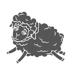 Cute sheep jumping glyph icon vector illustration. Stamp of funny jump of lamb, single little baby sheep with wool fur leaping and running to count at night before sleep, sweet dreams concept