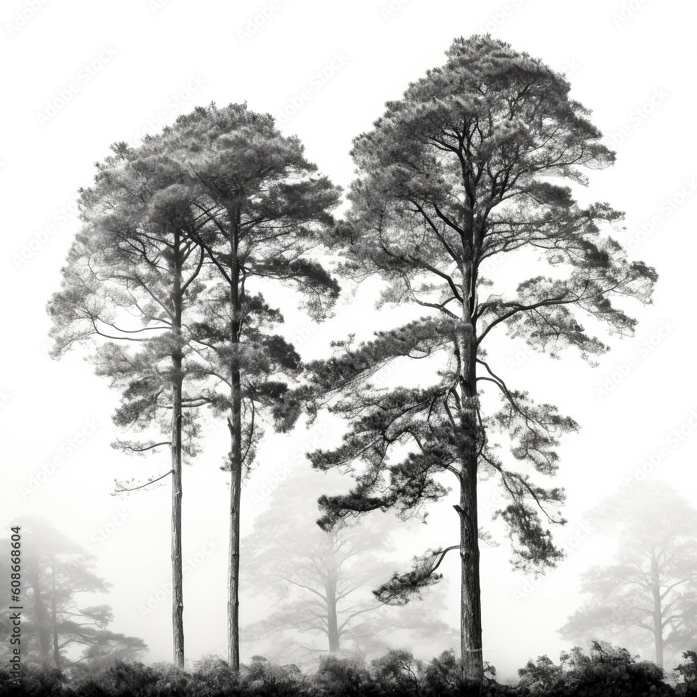 Aufkleber a black and white image of two tall trees standing side by side against a cloudy sky - generative ai
