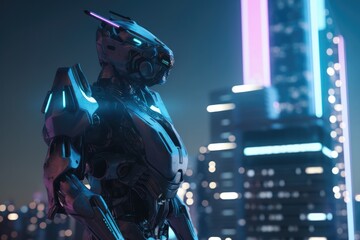Obraz na płótnie Canvas Grey mecha giant robot with lights over cityscape, created using generative ai technology