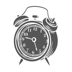 Alarm clock glyph icon vector illustration. Stamp of classic analog clock, dial with minute and hour hands, numbers and sound ring to wake up in morning, work deadline and wakeup, start of day concept