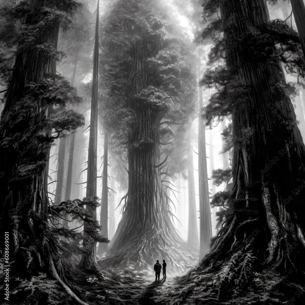 Poster two tall redwood trees intertwine their branches - generative ai.
