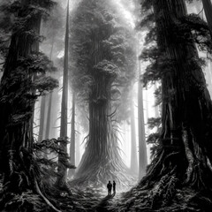 Two tall Redwood trees intertwine their branches - generative ai.