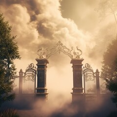 Gates of heaven with clouds and sunset, created using generative ai technology