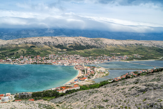 Aerial panoramic view of the town of Pag, on the island of Pag, Croatia.
