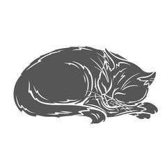 Sleepy cat glyph icon vector illustration. Stamp of cute animal character lying to chill, relax and sleep at night, portrait of tired adorable cat with funny muzzle and claws, paws and fluffy tail