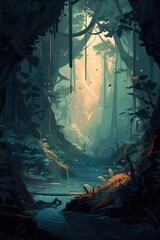 Fototapeta premium Rainforest with tropical plants at sunset, created using generative ai technology