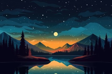 Fototapeta premium Landscape with trees, mountains and lake at night created using generative ai technology