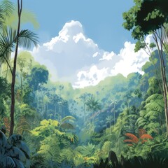 Rainforest with birds and tropical plants, created using generative ai technology