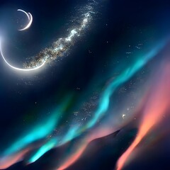 Fototapeta na wymiar night, milky way, starlight, colorful aurora,silver white crescent moon with milky way starlight sprinkled on the glacier, there are many luminous creatures, the glacier is the shape of love, pebbles,