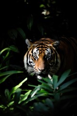 Portrait of tiger in tropical jungle leaves and plants, created using generative ai technology