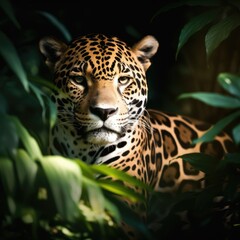 Obraz premium Portrait of jaguar in tropical jungle leaves and plants, created using generative ai technology