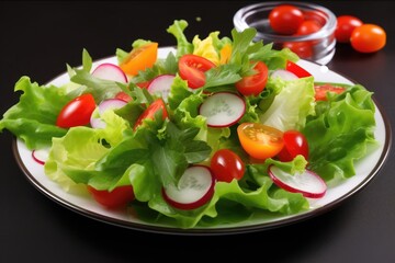 Close up of plate of fresh salad with vegetables, created using generative ai technology