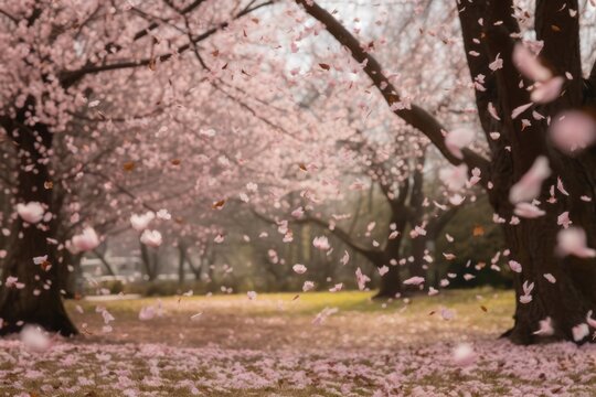 Path with trees with cherry blossoms, created using generative ai technology
