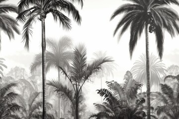 Multiple palm trees and mountains in black and white, created using generative ai technology
