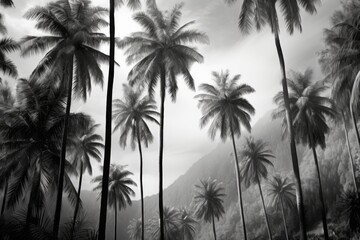 Fototapeta na wymiar Multiple palm trees and mountains in black and white, created using generative ai technology