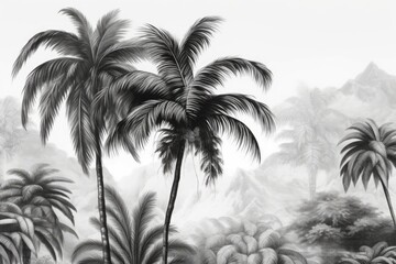 Multiple palm trees and mountains in black and white, created using generative ai technology