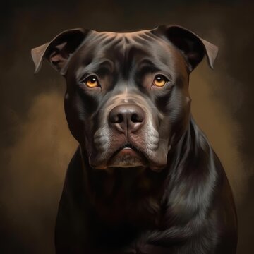 Portrait of black and brown pitbull in field, created using generative ai technology