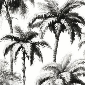 Multiple palm trees and mountains in black and white, created using generative ai technology