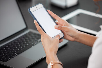 Hands, mockup and closeup of a woman with a phone networking on social media or mobile app. Technology, communication and female person browsing on the internet with cellphone with mock up space.