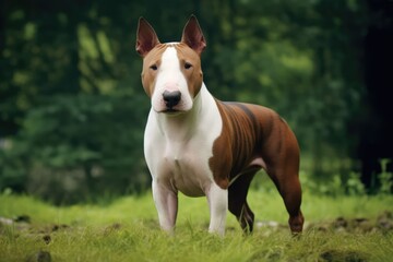 Portrait of brown bull terrier in grass, created using generative ai technology