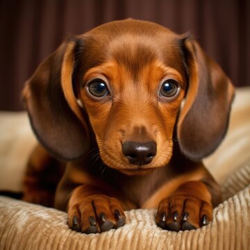 Portrait of cute brown dachshund puppy on blanket, created using generative ai technology
