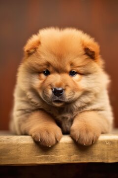 Portrait of cute chow chow puppy lying on blanket, created using generative ai technology