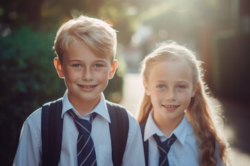 Portrait of caucasian schoolgirl and schoolboy in street, created using generative ai technology - Powered by Adobe