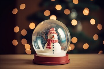Snowman and trees in christmas snow globe with bokeh lights, created using generative ai technology