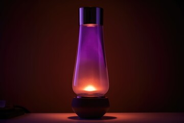 Red lava lamp on bedside table in bedroom in daylight, created using generative ai technology
