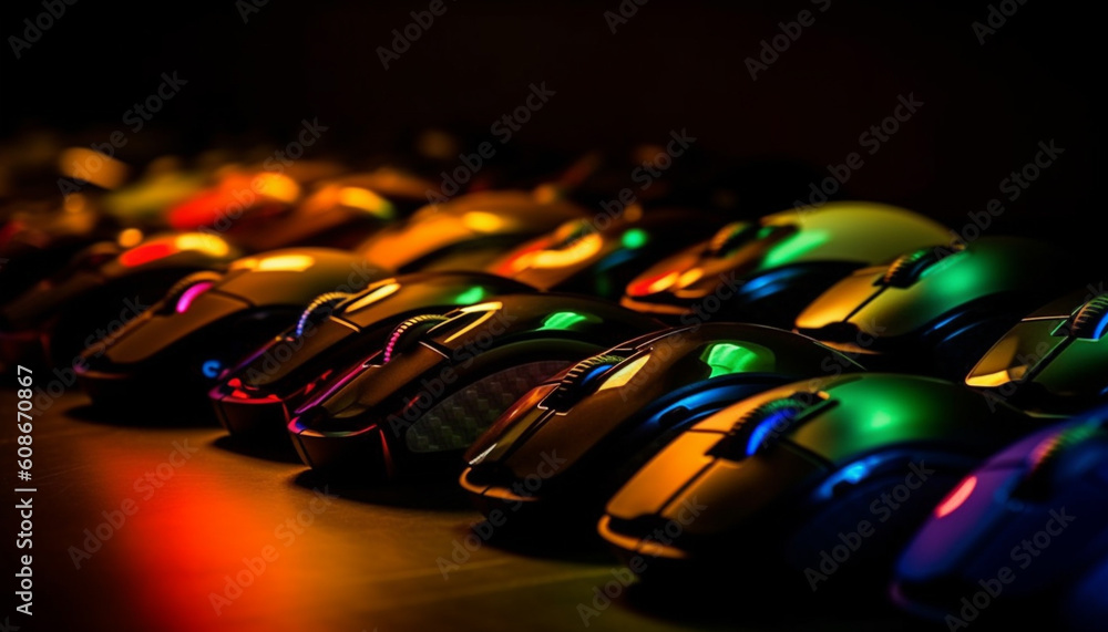 Poster a row of shiny, illuminated cars in a dark background generated by ai
