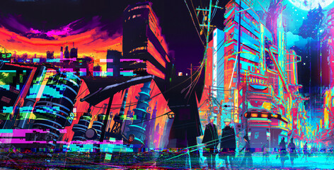 Fototapeta na wymiar Neo Tokyo City Aesthetics Panorama View, Generative Ai Based Artwork with Glitch and Lighting Effects