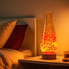Colourful lava lamp on table in dark room at night, created using generative ai technology
