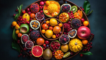 Colorful fruit bowl showcases healthy eating with organic variation and freshness generated by AI