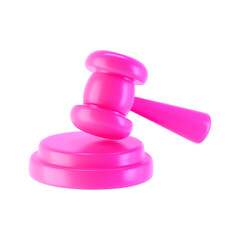 3d pink judge gavel icon isolated on white background. Render of auction hammer and concept of law and judgment. 3d cartoon simple vector illustration