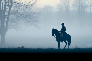 Soldier on a horse, foggy area, silhouette. AI generative