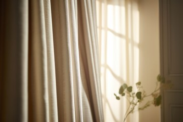 Beige curtains hanging in room with window, created using generative ai technology