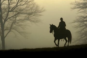 Fototapeta na wymiar Soldier on a horse, foggy area, silhouette. AI generative