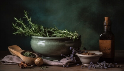 Rustic still life organic herbs, spices, and garlic for alchemy generated by AI