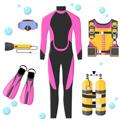 Set of scuba diving equipment and bubbles on white background, illustration