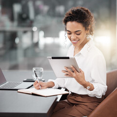 Tablet, business woman and accountant taking notes, smile and working on project. Technology, notebook and African female entrepreneur, auditor or person research for accounting, email and writing. - obrazy, fototapety, plakaty