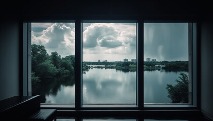 Looking through window, dark silhouette against moody sky backdrop generated by AI