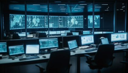 Naklejka premium Modern office with computer equipment, dark back lit liquid crystal display generated by AI