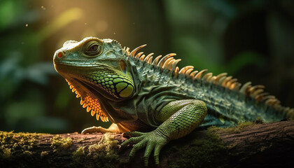Obraz premium Green iguana crawls on branch, its scales multi colored and vibrant generated by AI
