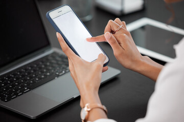 Hands, mock up and closeup of a businesswoman with a phone networking on social media or mobile app. Technology, communication and female person browsing on internet with cellphone with mockup space.